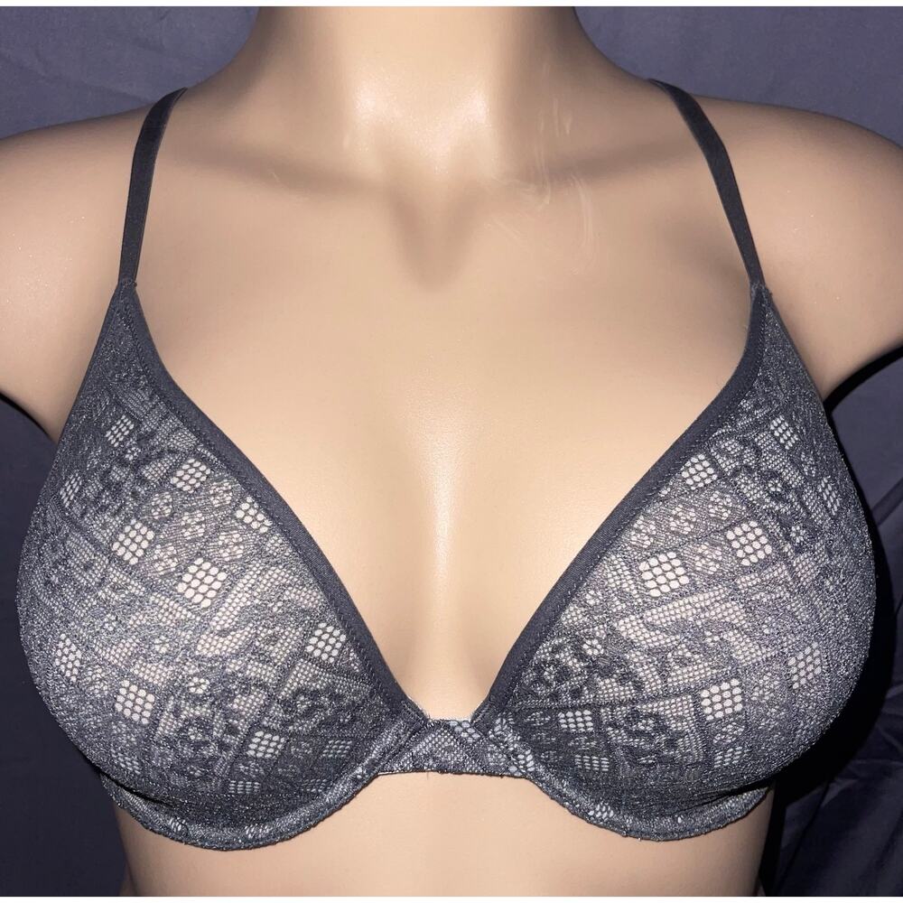 34C GRAY LACE VICTORIA'S SECRET BODY BY VICTORIA UNLINED PLUNGE BRA